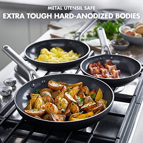 GreenPan Omega Hard Anodized Advanced Healthy Ceramic Nonstick, 8" 9.5" and 11" 3 Piece Frying Pan Skillet Set, Anti-Warping Induction Base, Dishwasher Safe, Oven & Broiler Safe, Black