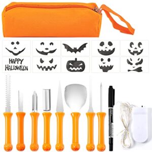 yuet 21pcs halloween pumpkin carving kit, professional sculpting tools carving set, heavy duty stainless steel, w/stickers carrying bag, for halloween decorations jack-o-lanterns led pumpkin light