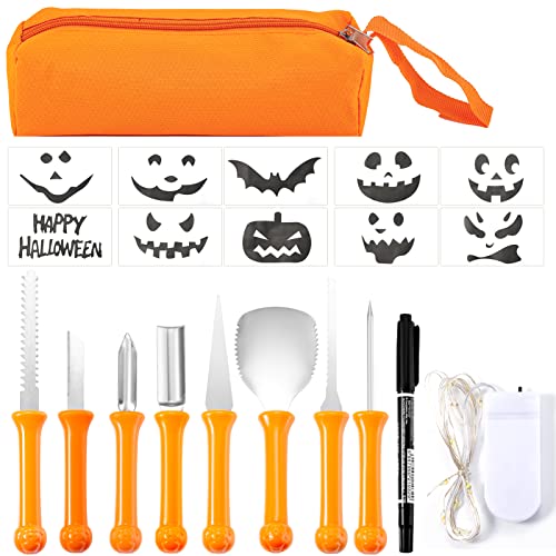 YUET 21PCS Halloween Pumpkin Carving Kit, Professional Sculpting Tools Carving Set, Heavy Duty Stainless Steel, w/Stickers Carrying Bag, for Halloween Decorations Jack-O-Lanterns LED Pumpkin Light