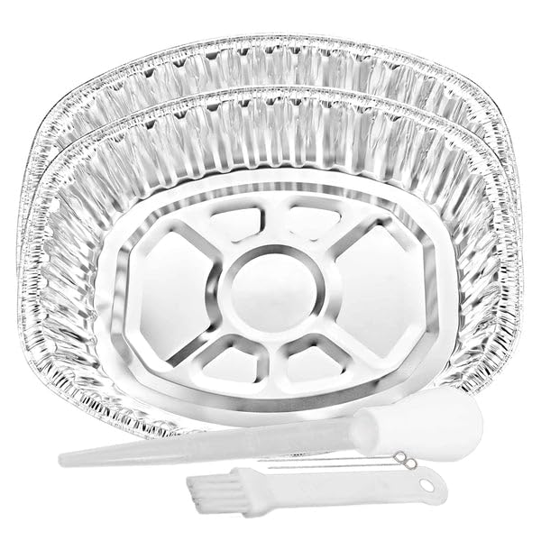 Nicole Fantini Disposable & Durable Extra Large Oval Turkey Roaster Aluminum Pan For Thanksgiving - 100% Recyclable : Perfect for, Baking & Roasting - Along With One Free 3pcs of Basting Set : 2 Pans