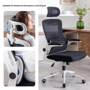 BRTHORY Office Chair Height-Adjustable Ergonomic Desk Chair with Lumbar Support, Breathable Mesh Computer Chair High Back Swivel Task Chair with Adjustable Headrest and Flip-up Armrests - White