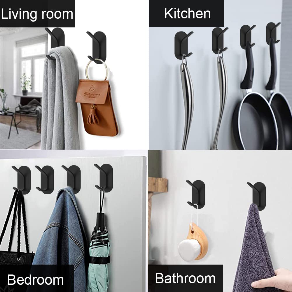 Adhesive Hooks Stick On Hooks - Stainless Steel Waterproof Wall Hangers Heavy Duty Hooks for Hanging Coat/Bathroom Hooks/4 Packs Black