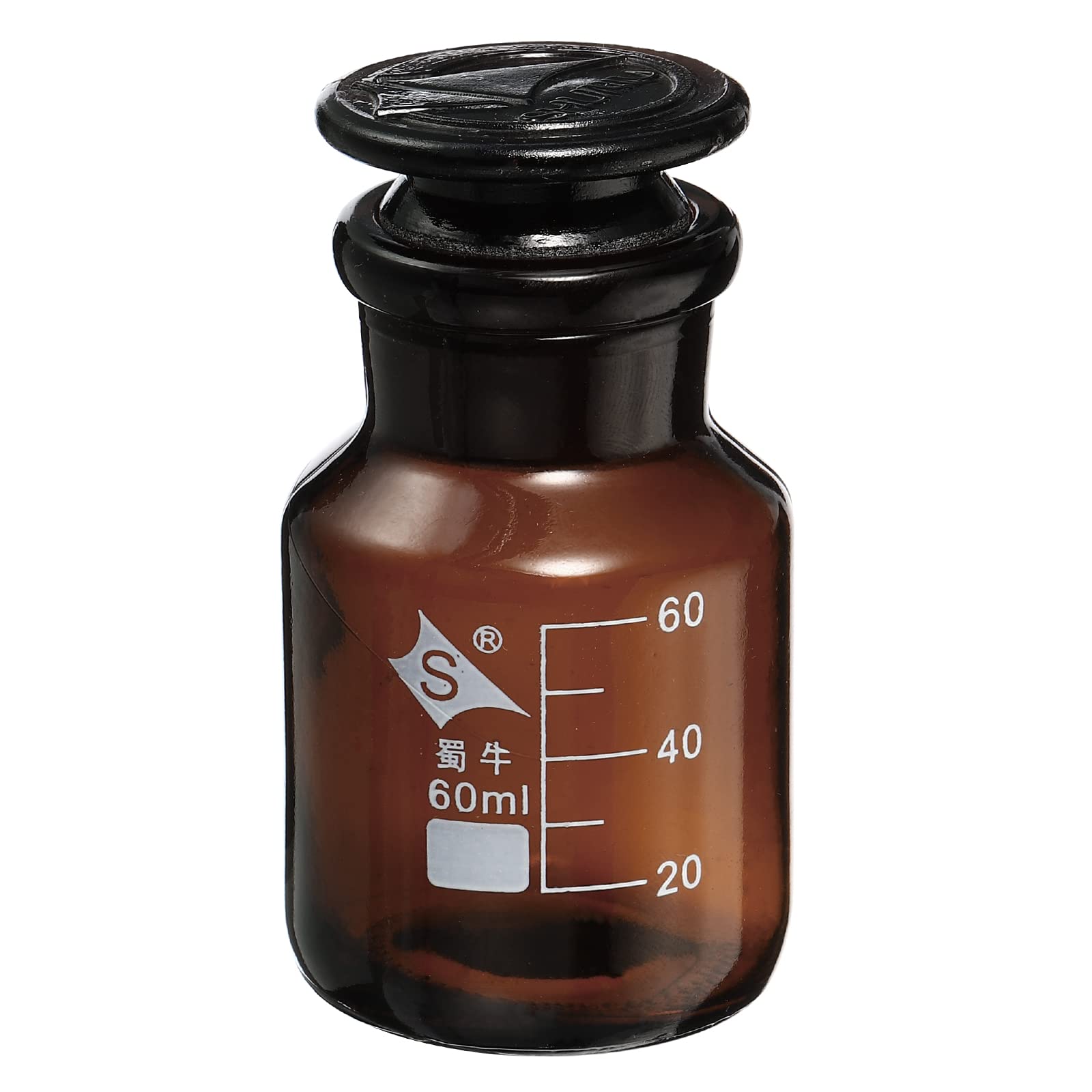 PATIKIL 60mL Reagent Media Bottle, 1Pcs Round 3.3 Borosilicate Glass Graduated Storage Bottle with Amber Cap for Chemistry Lab Universities Home, Amber