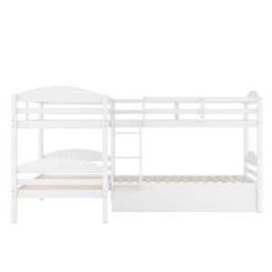 Bellemave Quad Bunk Bed with Trundle L-Shape Bunk Bed Twin Over Twin Corner Bunk Bed for 4 or 5 Kids Boys Girls Teens, White