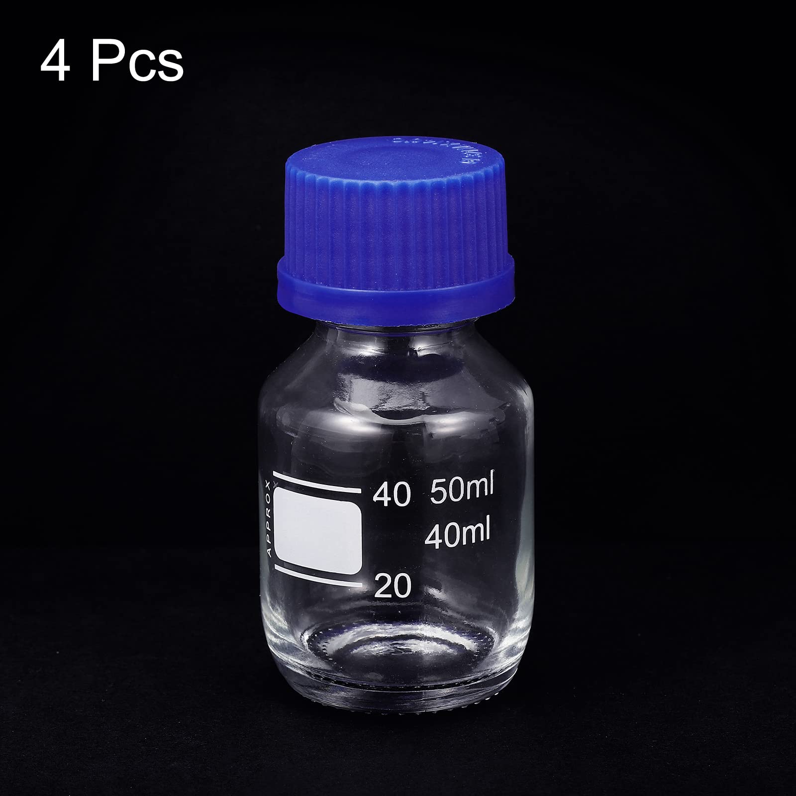 PATIKIL 50mL Reagent Media Bottle, 4Pcs Round Graduated Glass Storage Bottle Blue Screw Cap for Chemistry Lab Universities Home, Clear