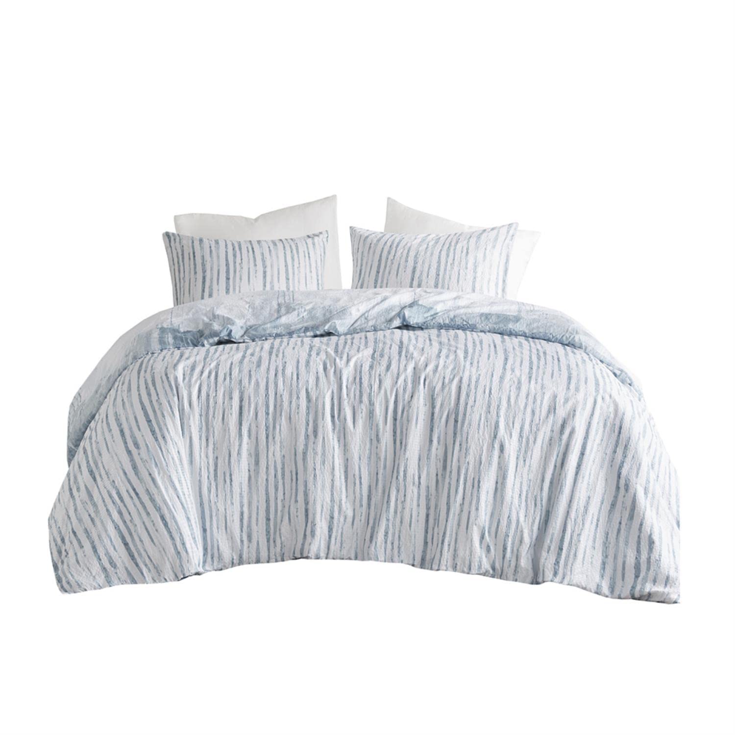 N Natori Brush Stroke Reversible Duvet Set Abstract Styling, Embossed Seersucker Design, All Season, Breathable Oversized Comforter Cover Bedding, Shams, Full/Queen(92"x96") Blue 4 Piece