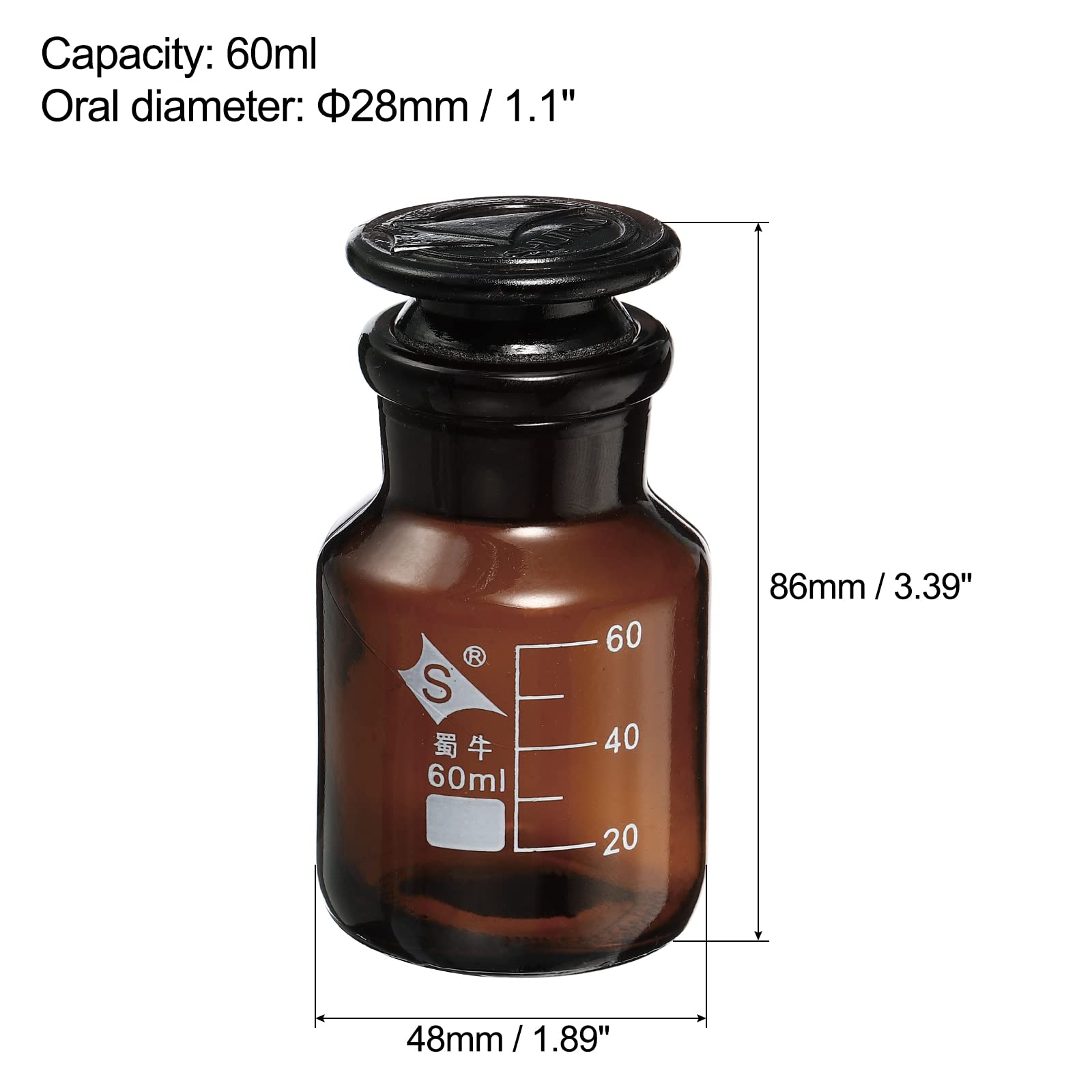 PATIKIL 60mL Reagent Media Bottle, 1Pcs Round 3.3 Borosilicate Glass Graduated Storage Bottle with Amber Cap for Chemistry Lab Universities Home, Amber