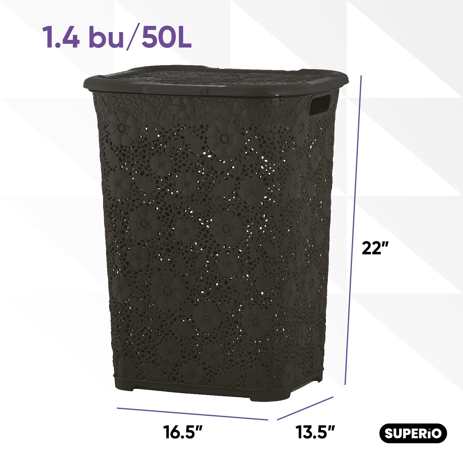 Superio Laundry Hamper with Lid Lace Design 50 Liter - Brown Laundry Hamper Basket with Cutout Handles, Rectangular Shape Modern Style Bin -Dirty Cloths Storage