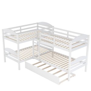 Bellemave Quad Bunk Bed with Trundle L-Shape Bunk Bed Twin Over Twin Corner Bunk Bed for 4 or 5 Kids Boys Girls Teens, White