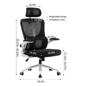 BRTHORY Office Chair Height-Adjustable Ergonomic Desk Chair with Lumbar Support, Breathable Mesh Computer Chair High Back Swivel Task Chair with Adjustable Headrest and Flip-up Armrests - White