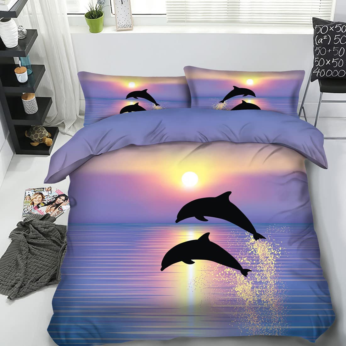 Blue and Purple Ocean Sunset Comforter Sets 3 Pieces Kids Twin Size Quilted Bedding 3D Dolphins Bed in a Bag for Boys Girls Animal Quilt Queen (034Comforter, Twin)