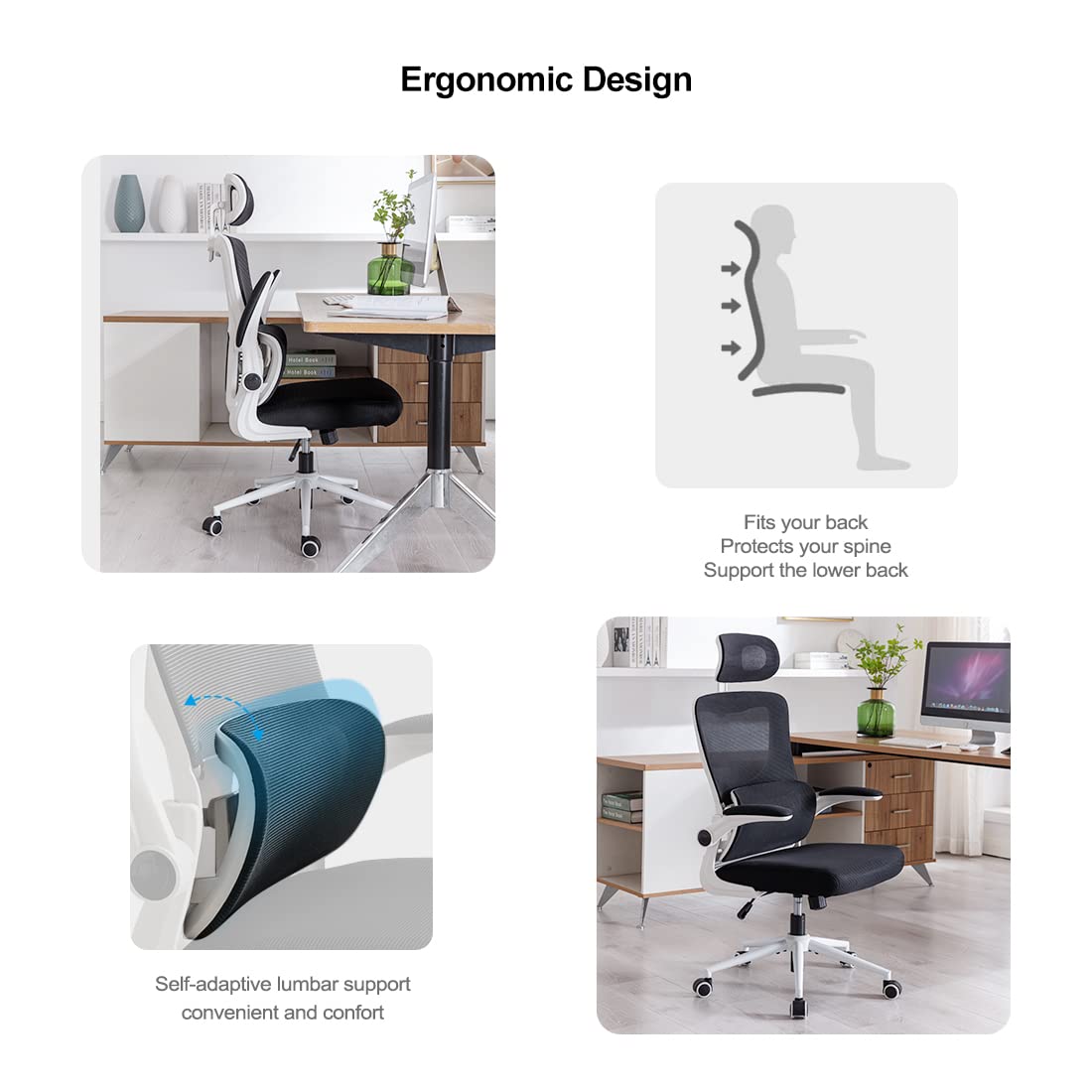 BRTHORY Office Chair Height-Adjustable Ergonomic Desk Chair with Lumbar Support, Breathable Mesh Computer Chair High Back Swivel Task Chair with Adjustable Headrest and Flip-up Armrests - White