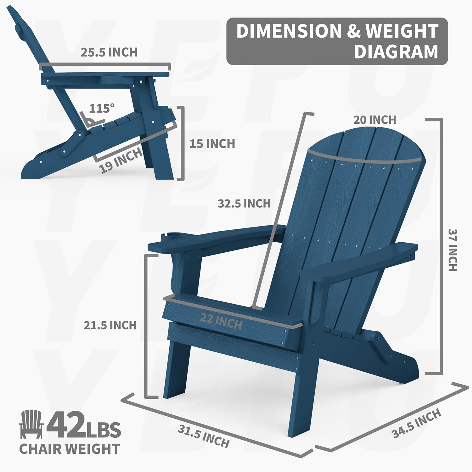 YEFU Adirondack Chair, Oversized Plastic Adirondack Chair Folding Outdoor Chairs with Cup Holder, Lawn Chair with Weather Resistant for Outside Deck Lawn Garden, Weight Capacity Up to 400 Lbs –Navy