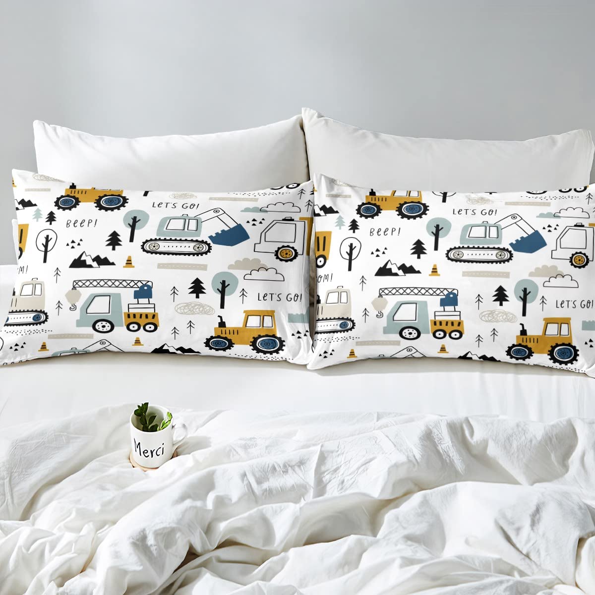 Cartoon Car Kids Fitted Sheet Construction Bed Sheet Set Decor Equipment Trucks Bedding Set Cartoon Car Excavator Tractor White Yellow Bed Cover Bedroom Quilt Cover 2Pcs Twin