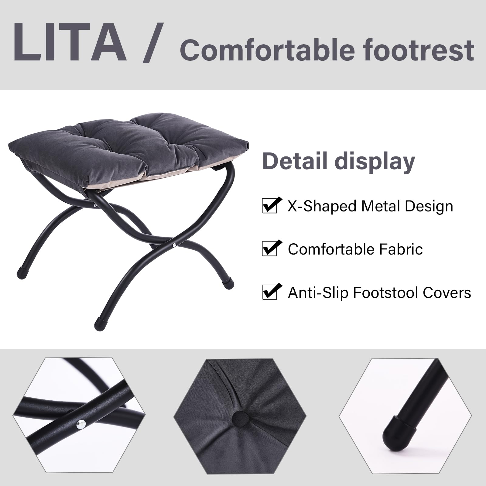 LITA Folding Upholstered Footrest Stool, Modern Small Portable Accent Ottoman with Detachable Thick Cotton Cushion Padded Sofa Stool with Metal Frame for Lazy Chair, Living Room & Bedroom, Smoky Grey