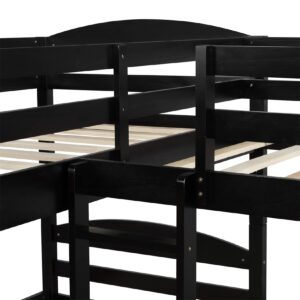 Bellemave Quad Bunk Bed with Trundle L-Shape Bunk Bed Twin Over Twin Corner Bunk Bed for 4 or 5 Kids Boys Girls Teens, Espresso