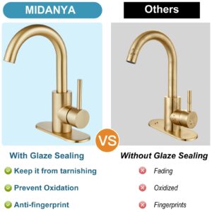 Midanya Wet Bar Sink Faucet,Single Handle Bathroom Kitchen Faucet 1 Hole Faucet Swivel Spout Farmhouse RV Small Vanity Lavatory Bath Utility Faucet with Deck Plate,Brushed Gold