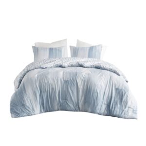 n natori brush stroke reversible duvet set abstract styling, embossed seersucker design, all season, breathable oversized comforter cover bedding, shams, full/queen(92"x96") blue 4 piece