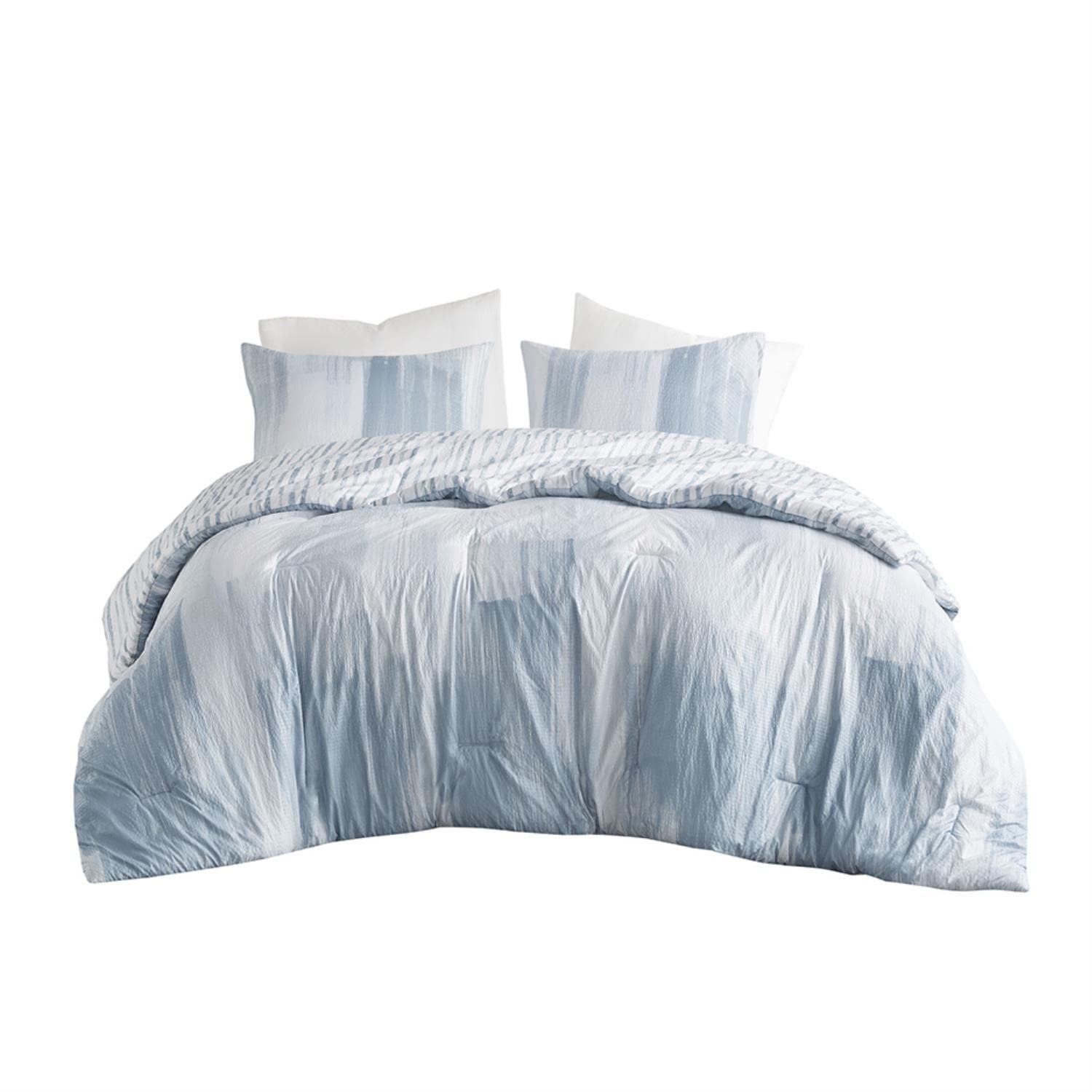 N Natori Brush Stroke Reversible Duvet Set Abstract Styling, Embossed Seersucker Design, All Season, Breathable Oversized Comforter Cover Bedding, Shams, Full/Queen(92"x96") Blue 4 Piece