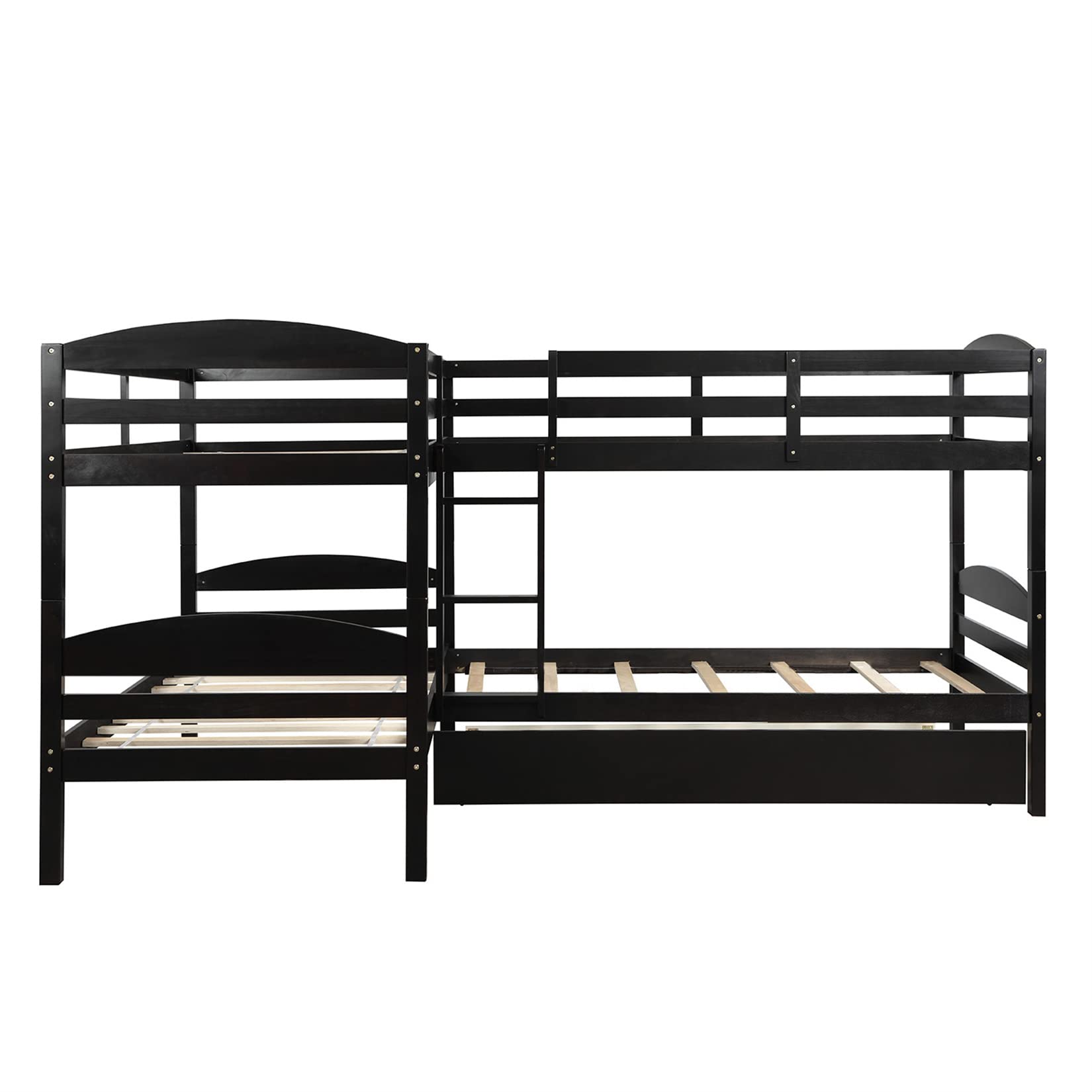 Bellemave Quad Bunk Bed with Trundle L-Shape Bunk Bed Twin Over Twin Corner Bunk Bed for 4 or 5 Kids Boys Girls Teens, Espresso