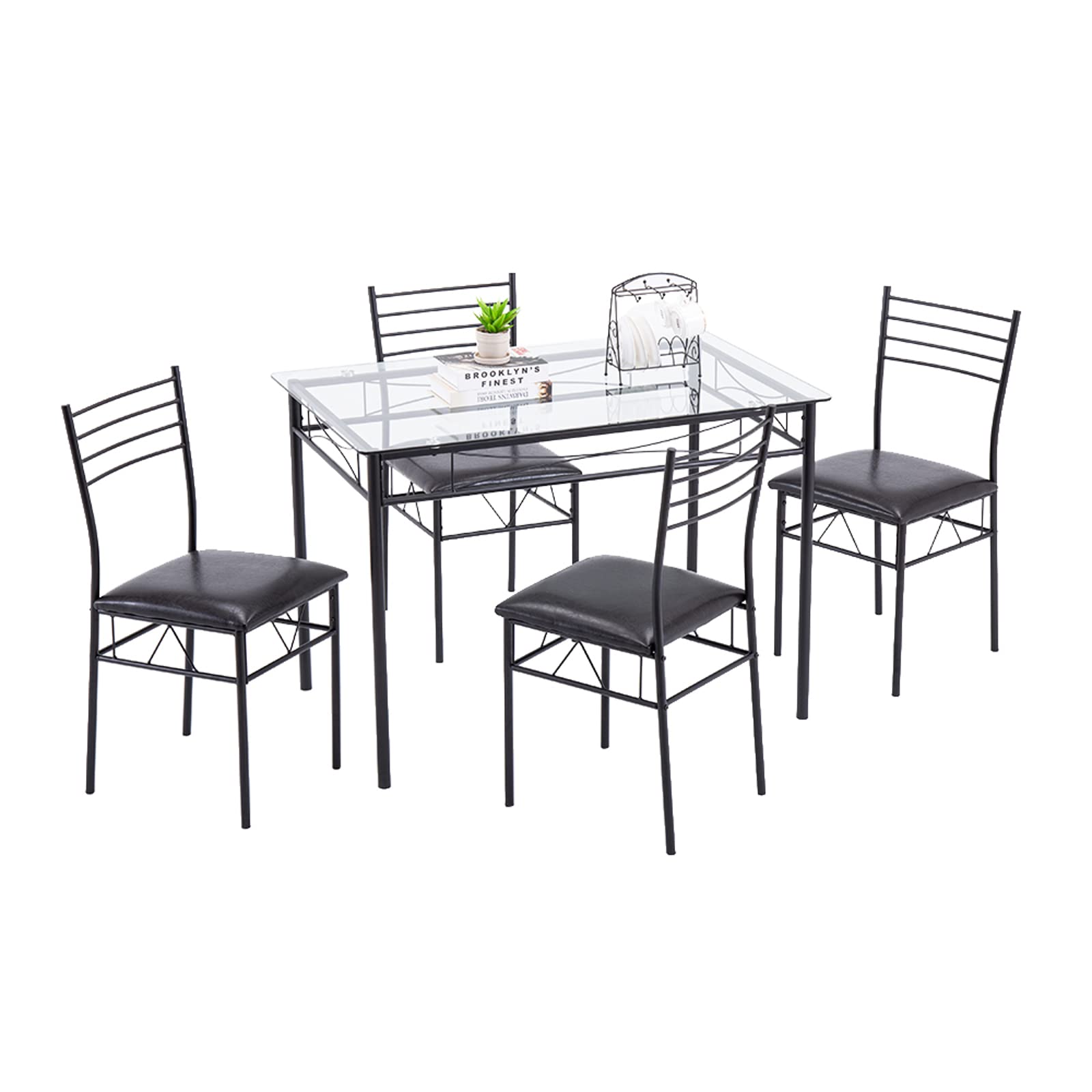 Karl home 5-Piece Dining Table Set with 1 Glass Dining Table and 4 Chairs, Modern Dining Table Set for Kitchen & Breakfast Dining Living Room, Space Saving Furniture (Glass)