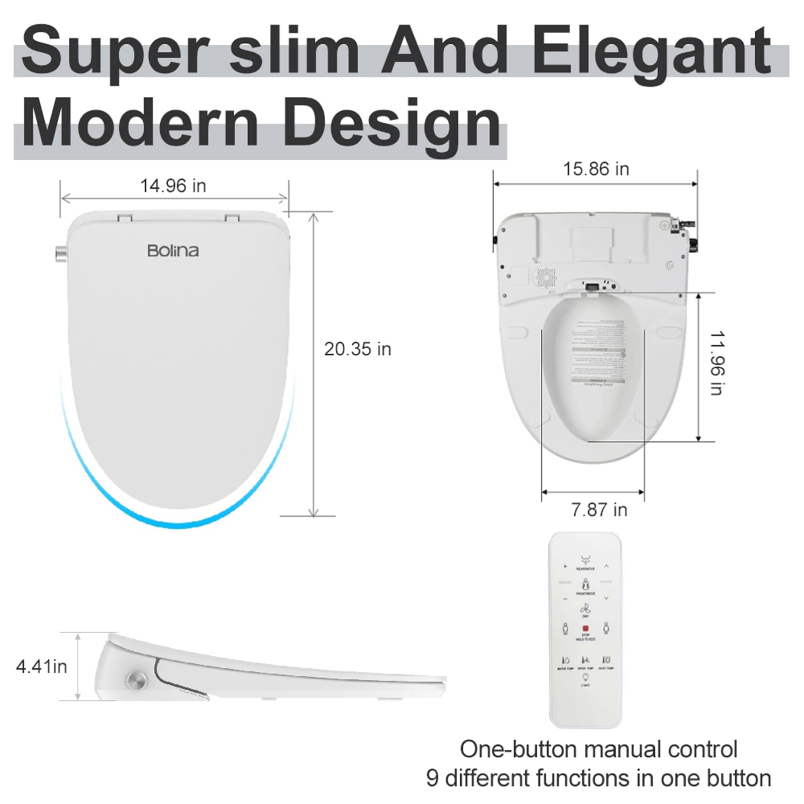 Bolina Toilet Seat Adjustable Heated Seat,Toilet Seat With Remote Control, Warm Water Wash And Dry, Led Night Light And Many More Features