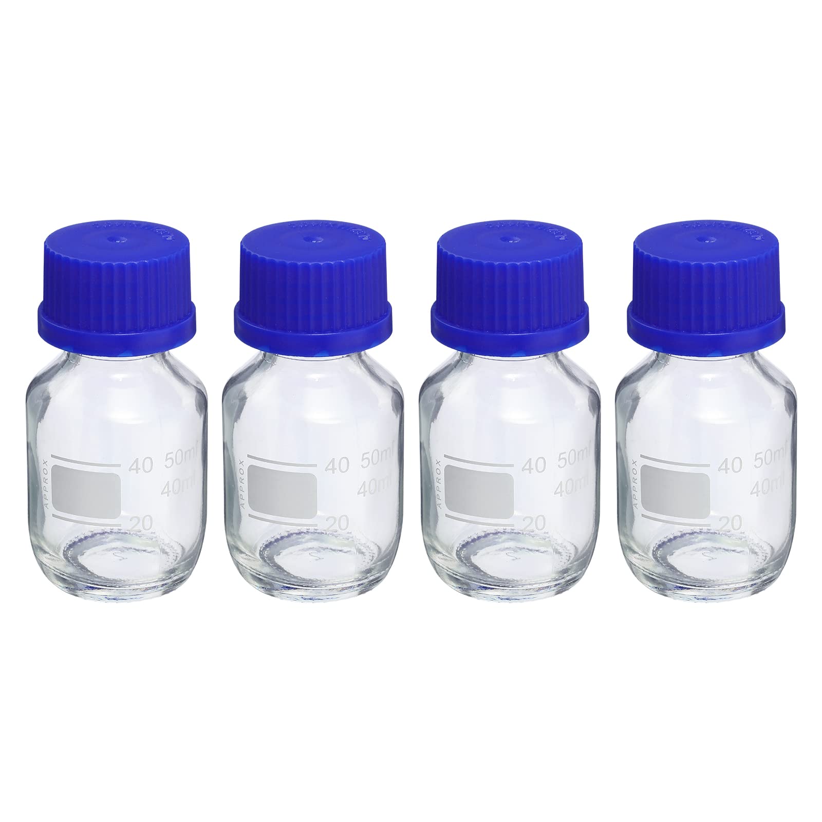 PATIKIL 50mL Reagent Media Bottle, 4Pcs Round Graduated Glass Storage Bottle Blue Screw Cap for Chemistry Lab Universities Home, Clear