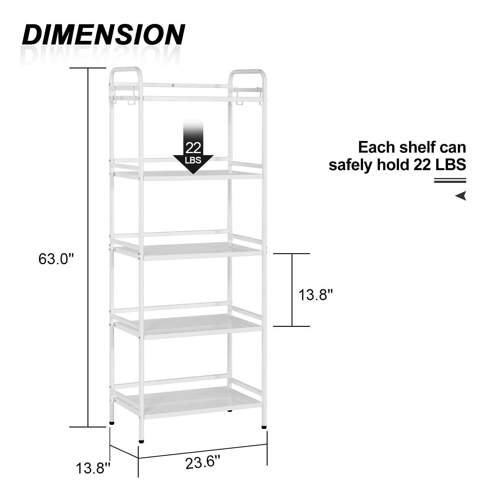 HDANI 5-Tier Standing Storage Shelf, Utility Shelves for Storage, Multifunctional Metal Storage Rack for Kitchen, Garage, Office, Bedroom (White, 23.6''Wx13.8''Dx63''H)