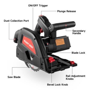 Eastvolt 6-1/2" Plunge-cut Track Saw, 0-45°Bevel Adjustment, 5500RPM Plunge Circular Saw for Wood Cutting