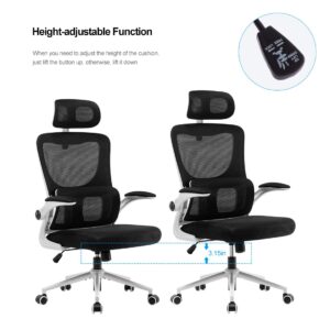 BRTHORY Office Chair Height-Adjustable Ergonomic Desk Chair with Lumbar Support, Breathable Mesh Computer Chair High Back Swivel Task Chair with Adjustable Headrest and Flip-up Armrests - White