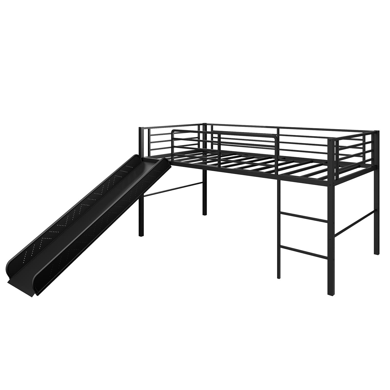 Giantex Twin Loft Bed with Slide, Metal Low Bunk Bed w/Safety Guardrails & Built-in Ladder, Toddler Bed Floor Frame for Boys & Girls, No Box Spring Needed (Black)