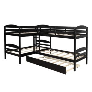 Bellemave Quad Bunk Bed with Trundle L-Shape Bunk Bed Twin Over Twin Corner Bunk Bed for 4 or 5 Kids Boys Girls Teens, Espresso