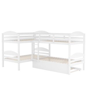 Bellemave Quad Bunk Bed with Trundle L-Shape Bunk Bed Twin Over Twin Corner Bunk Bed for 4 or 5 Kids Boys Girls Teens, White