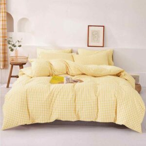 ETDIFFE Yellow Comforter Set Queen Size, 3 Piece Farmhouse Gingham Grid Bed Set - Soft and Lightweight Buffalo Checkered Plaid Microfiber Down Alternative Comforter (90x90) for Kids Girls