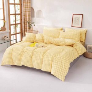 ETDIFFE Yellow Comforter Set Queen Size, 3 Piece Farmhouse Gingham Grid Bed Set - Soft and Lightweight Buffalo Checkered Plaid Microfiber Down Alternative Comforter (90x90) for Kids Girls