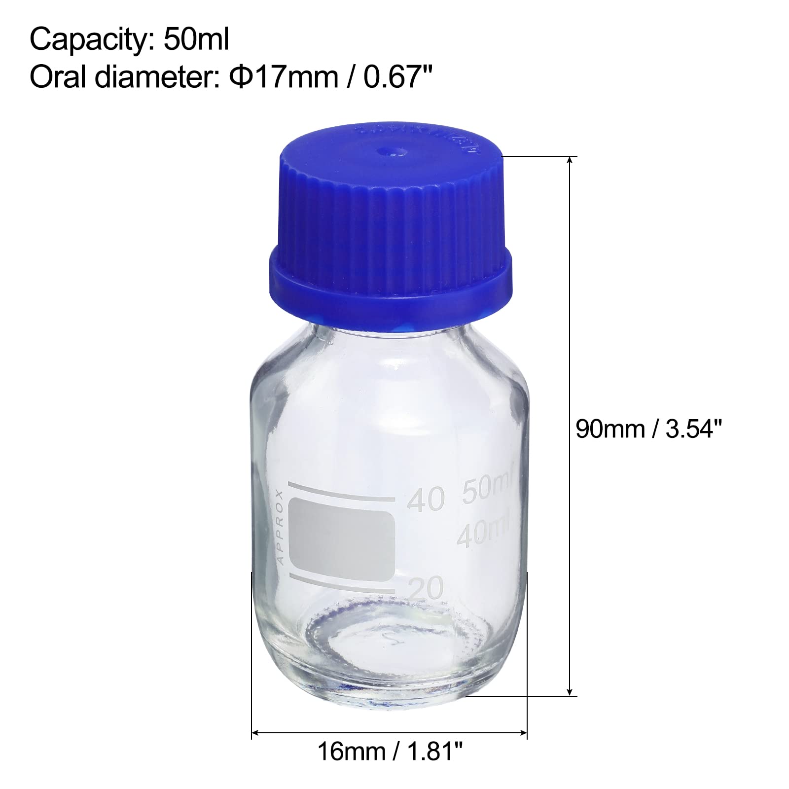 PATIKIL 50mL Reagent Media Bottle, 4Pcs Round Graduated Glass Storage Bottle Blue Screw Cap for Chemistry Lab Universities Home, Clear