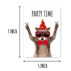 OystersPearl Party Time Birthday Card - Graduation Card Promotion Card Congratulations Portrait Of A Funny Raccoon - Birthday Greeting Card., 5 x 7 inches