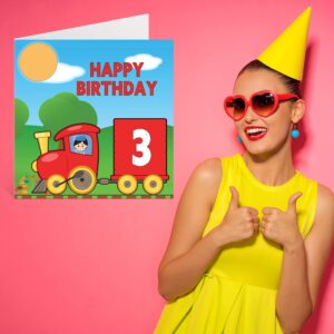 3rd Birthday Card Unisex - Train - Happy Birthday Card for 3 Year Old Son Daughter Brother Sister Grandson Granddaughter Niece Nephew Cousin, 5.7 x 5.7 Inch Birthday Greeting Card