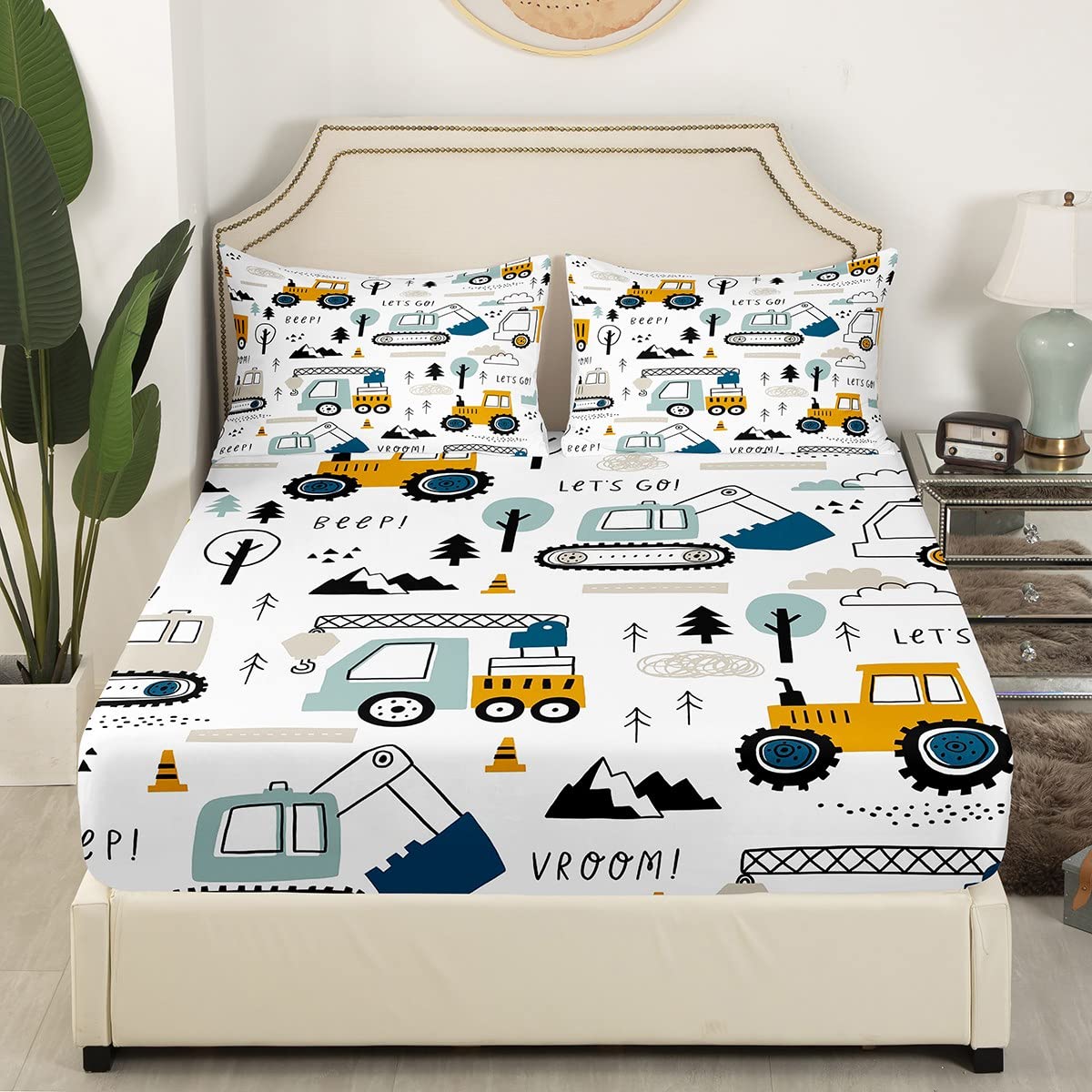 Cartoon Car Kids Fitted Sheet Construction Bed Sheet Set Decor Equipment Trucks Bedding Set Cartoon Car Excavator Tractor White Yellow Bed Cover Bedroom Quilt Cover 2Pcs Twin