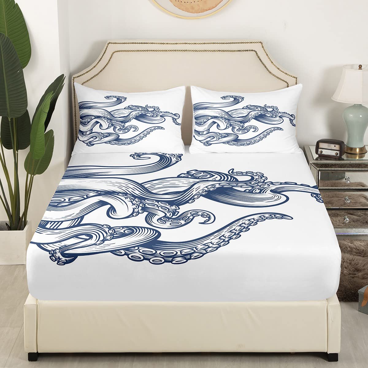 Kids Octopus Fitted Sheet Ocean Kraken Bed Sheet Set for Boys Girls Tentacles Decor Bedding Set Sealife Sea Animal Bed Cover Bedroom 3Pcs Full Size