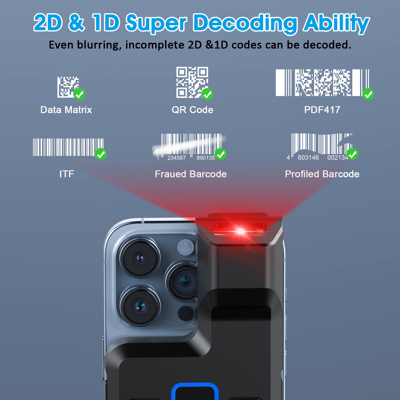 Alacrity Bluetooth 2D Barcode Scanner Upgraded 1D 2D QR Wireless Portable Back Clip Barcode Reader Scanner for Smartphone iPhone iOS Android