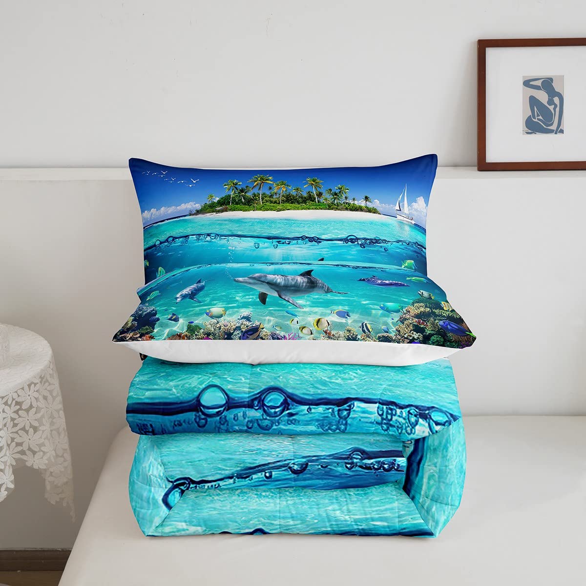 Dolphin Bedding Set Kids Cute Ocean Animal Comforter Set Boys Girls Hawaiian Sealife Decor Comforter Beach Aquarium Duvet Set Quilt Full Size Boys