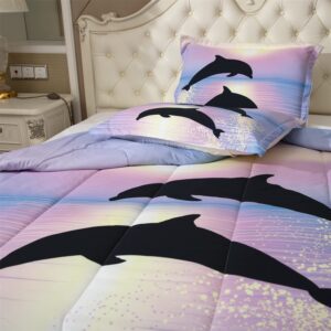 Blue and Purple Ocean Sunset Comforter Sets 3 Pieces Kids Twin Size Quilted Bedding 3D Dolphins Bed in a Bag for Boys Girls Animal Quilt Queen (034Comforter, Twin)