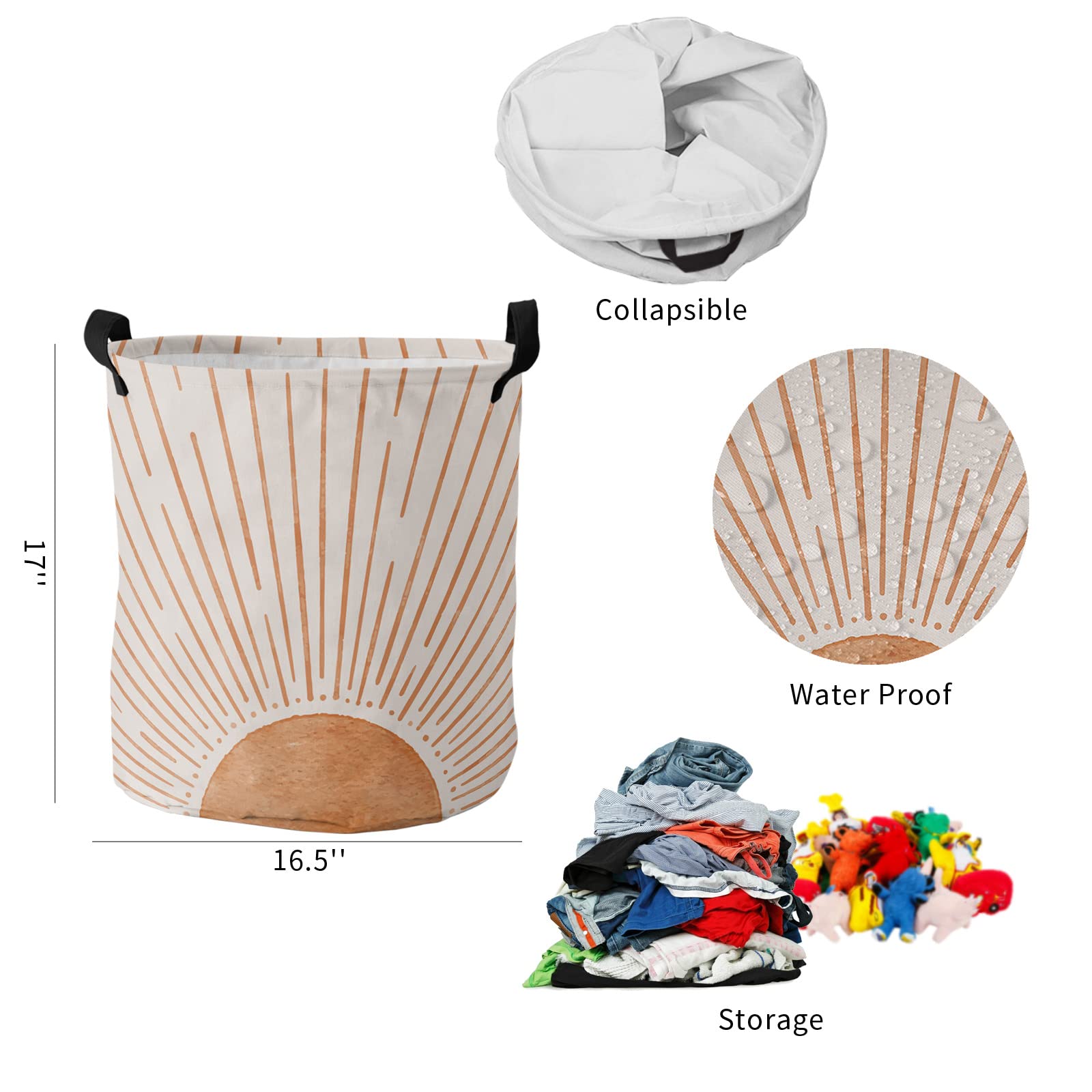 Laundry Baskets Mid Century Terracotta Sun Lines, Collapsible Waterproof Laundry Hamper Dirty Clothes Basket with Handle, Storage Bag for Bathroom/Bedrooom Modern Minimal Art