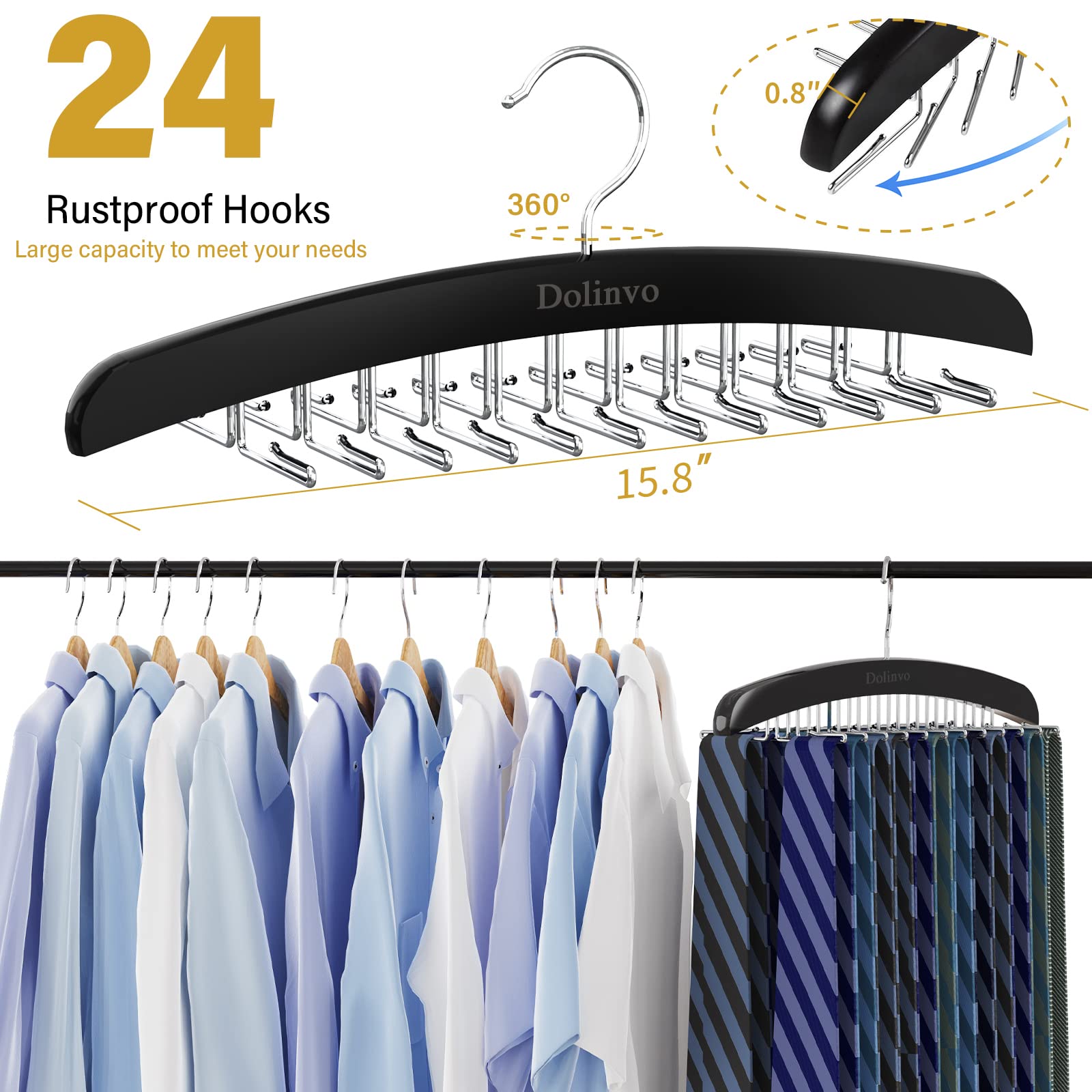 Upgraded Tie Rack Tie Hanger 24 Hooks Wooden Tie Organizer, Space Saving Tank Top Hanger,Belt Organizer for Closet,Bra Organizer with 360°Rotating, 2Pack