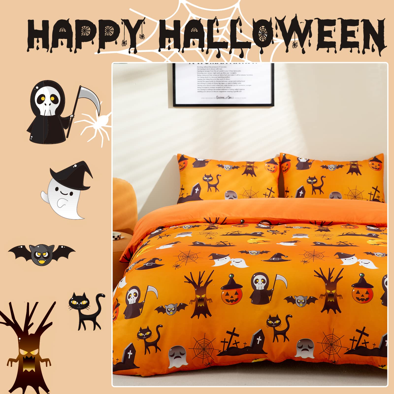 Menghomeus Halloween Duvet Cover Set Queen Size Pumpkin Bedding Set Cartoon Pumpkin Ghost Pattern Fall Festival Themed Comforter Cover Set, 3 Pieces 1 Duvet Cover 2 Pillowcases