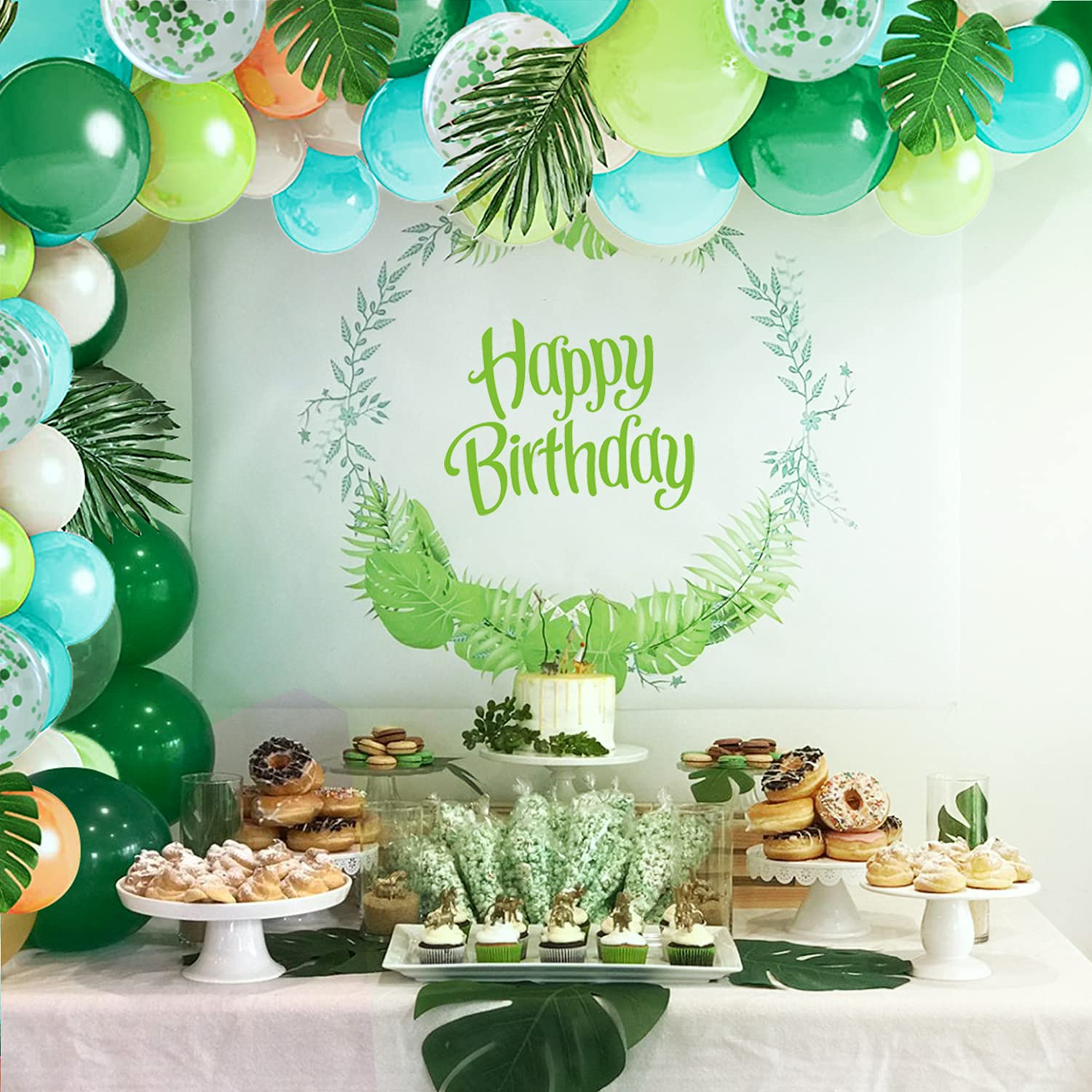 XIRUISHEN 118 PCS Tropical Forest Balloon Arch Garland Kit, Green Confetti Balloon Palm Leaf Hawaiian Theme Graduation Ceremony Anniversary Celebration Birthday Party Wedding Decorations