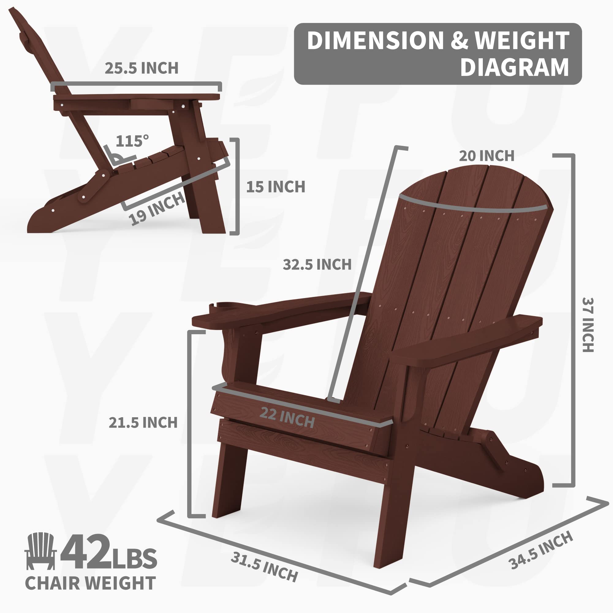 YEFU Adirondack Chair, Oversized Plastic Adirondack Chair Folding Outdoor Chairs with cup holder, Lawn Chair with Weather Resistant for Outside Deck Lawn Garden, Weight Capacity Up to 400 Lbs–Mahogany