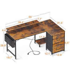 KKL 55 inch L Shaped Computer Desk with USB Charging Port & Power Outlet, L-Shaped Corner Desk with 4 Tier Drawer & Monitor Shelf for Home Office Workstation, Modern Style Writing Table, Vintage