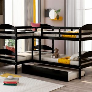 Bellemave Quad Bunk Bed with Trundle L-Shape Bunk Bed Twin Over Twin Corner Bunk Bed for 4 or 5 Kids Boys Girls Teens, Espresso